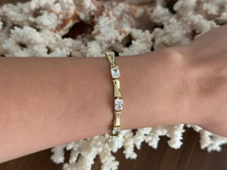 14K Altın Kaplama Bambu Detaylı Taşlı Bileklik